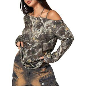 Women's Camo T-Shirts Long Sleeve Cold Shoulder Loose Tee Shirts Vintage Streetw